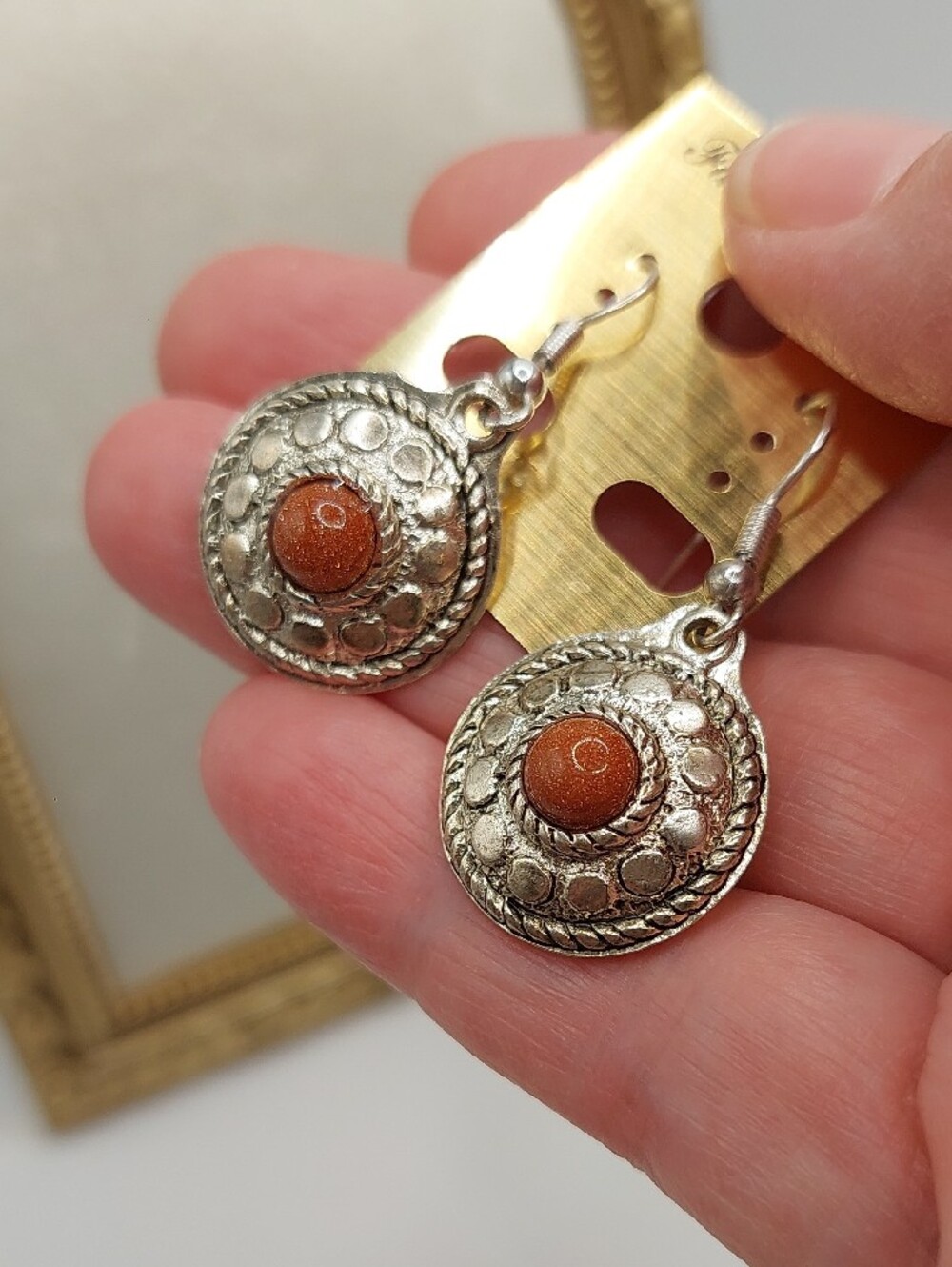 Artisan Silver-Tone Drop Earrings with Goldstone Nwot - Picture 3 of 7